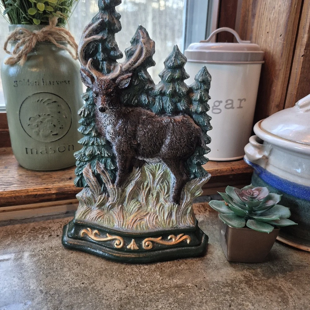 Vintage Cast Metal Deer In Woods Woodland Heavy Handpainted Door Stop / Book End
